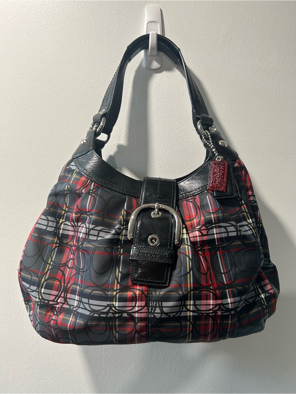 Coach Red & Black Plaid Buckle Hobo Bag